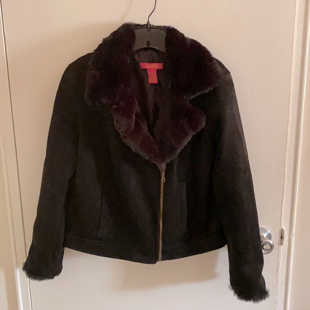 Catherine Malandrino Black Faux Suede Fur Trimmed Biker Jacket sz Large